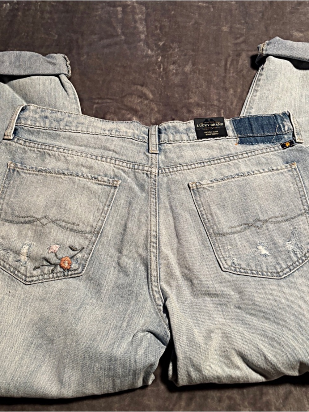 Lucky Brand Light Blue Distressed Boyfriend Jeans with Floral Embroidery - Picture 7 of 15